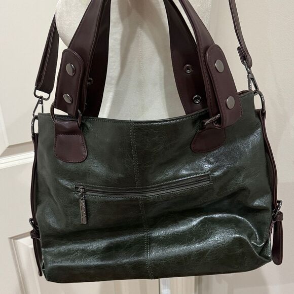 Fsiomo Satchel Pu Leather Dark Green Leather Tote Bag New No Tags - Picture 3 of 7